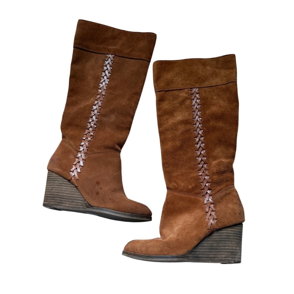 Lucky Brand Cognac Suede Wedge Knee Boots with Braided Boho Coastal Western